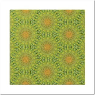 Green and Yellow Flower or Star Shaped Pattern - WelshDesignsTP004 Posters and Art